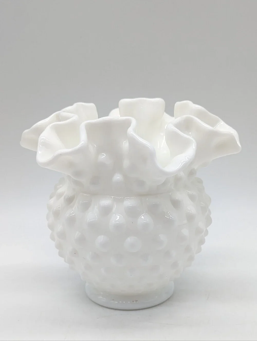 Vintage Fenton White Crimped Ruffle Edge Hobnail Vase